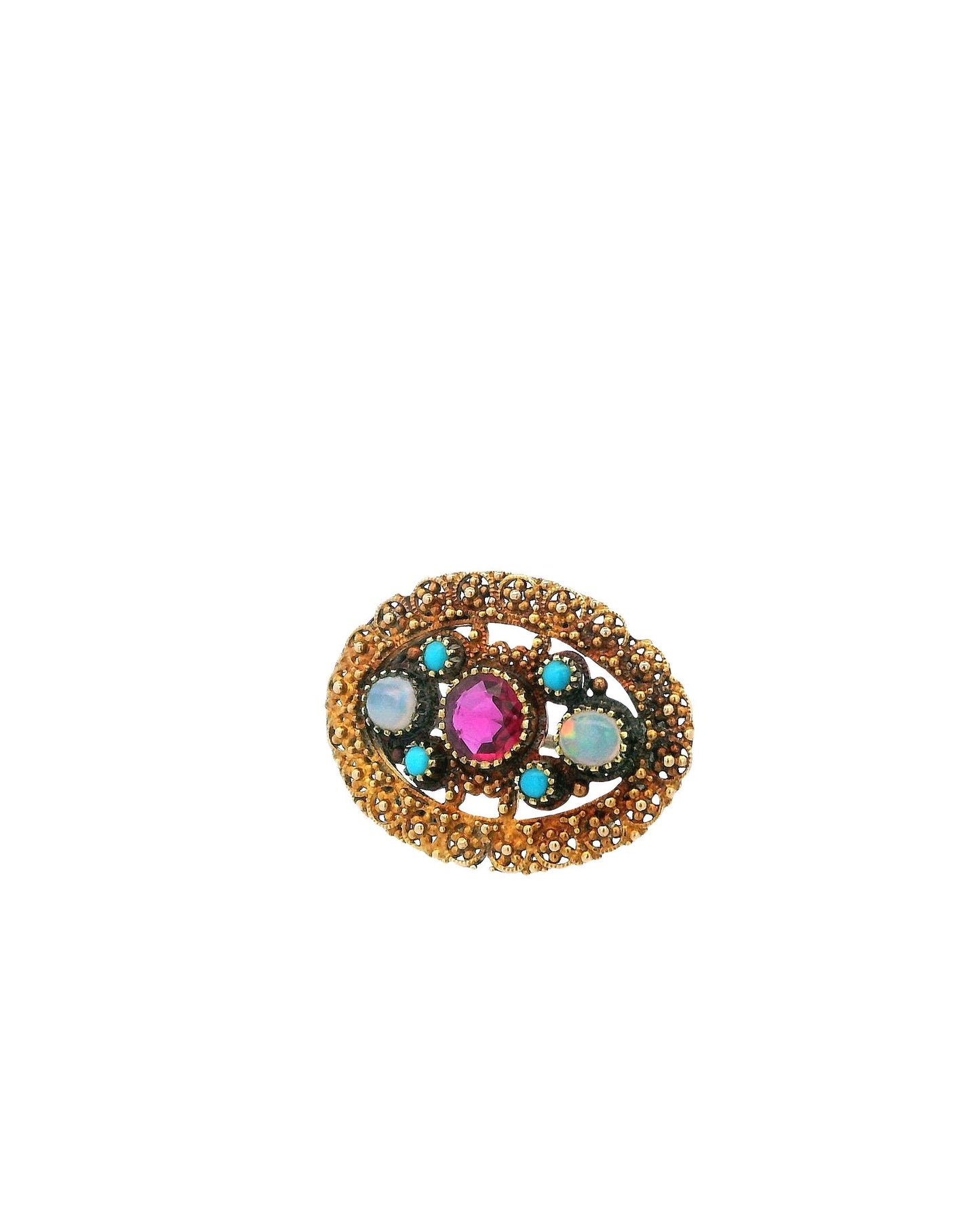 14K Gold Unheated Burma Ruby, Two Opal & Four Turquoise Brooch W/GIA Certificate