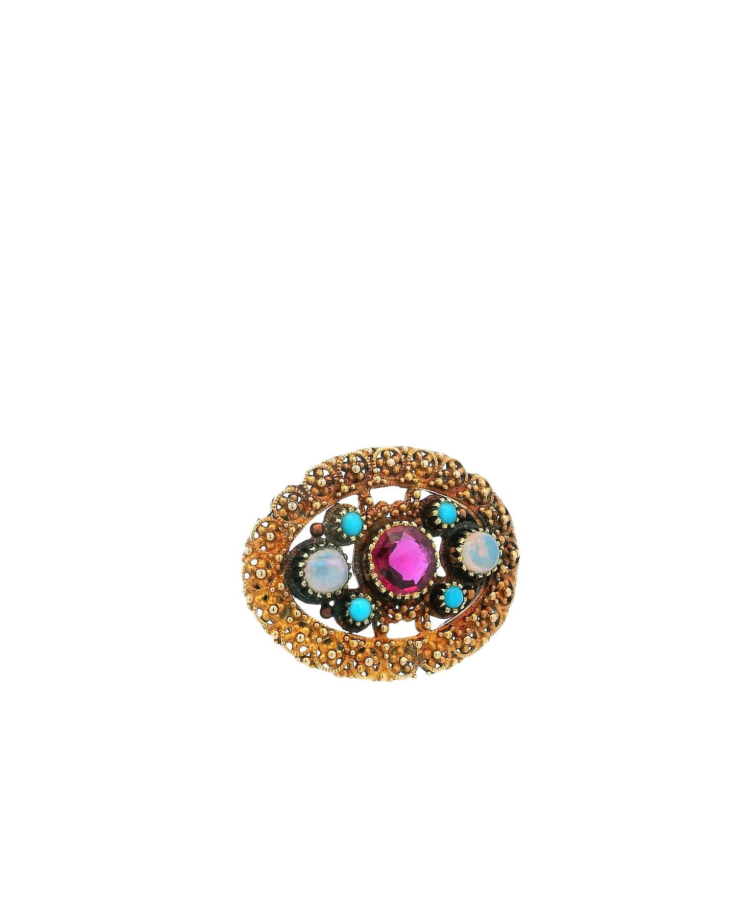 14K Gold Unheated Burma Ruby, Two Opal & Four Turquoise Brooch W/GIA Certificate