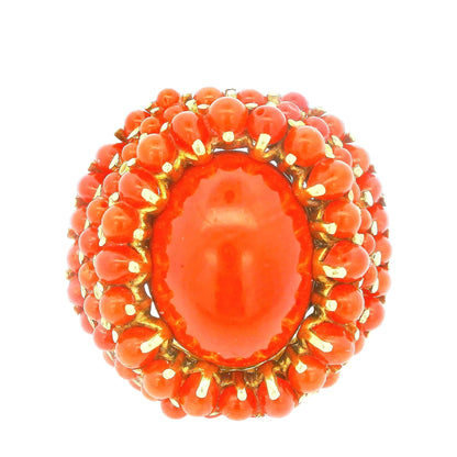 18K Yellow Gold Ring Coral Pave