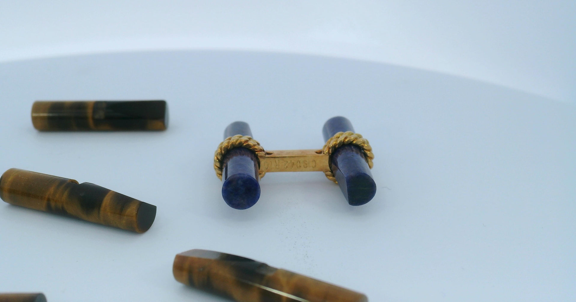 Van Cleef & Arpels Cufflinks 18k Yellow Gold Lapis & Tiger's eye W/Box-Pre-owned