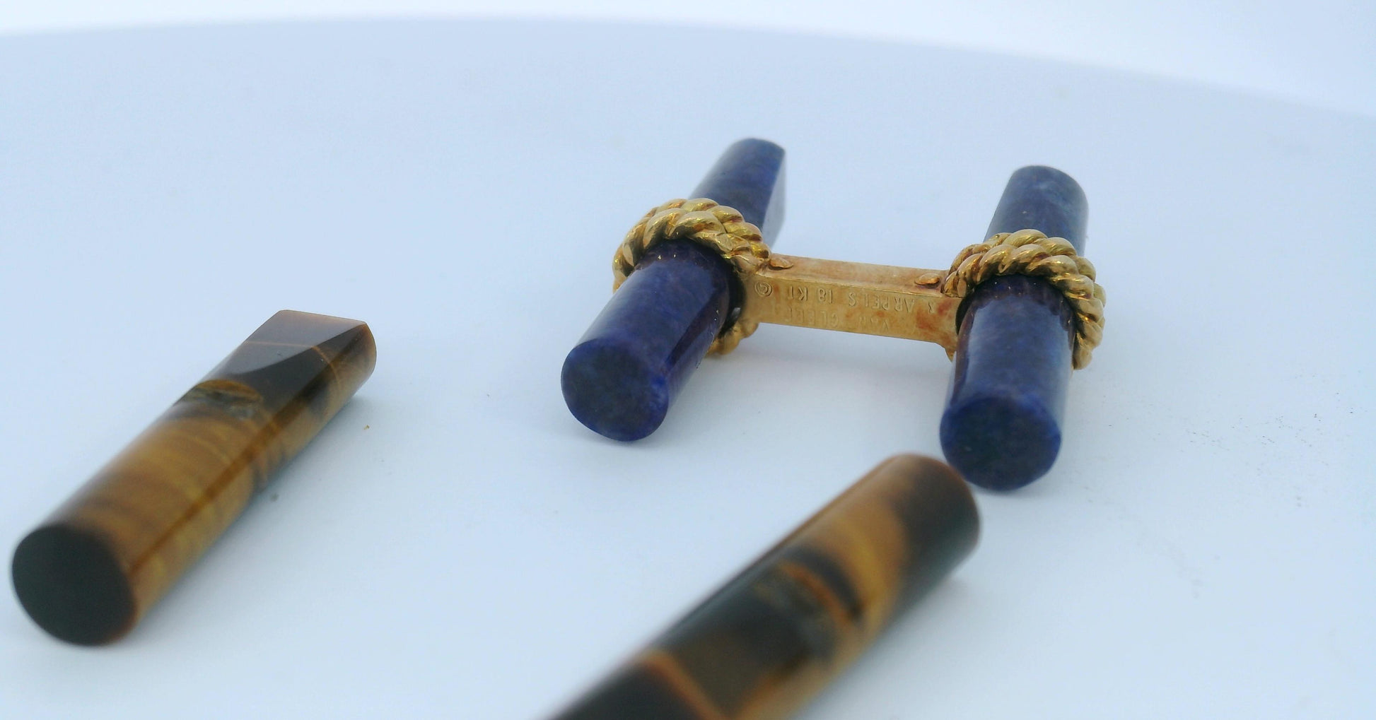 Van Cleef & Arpels Cufflinks 18k Yellow Gold Lapis & Tiger's eye W/Box-Pre-owned