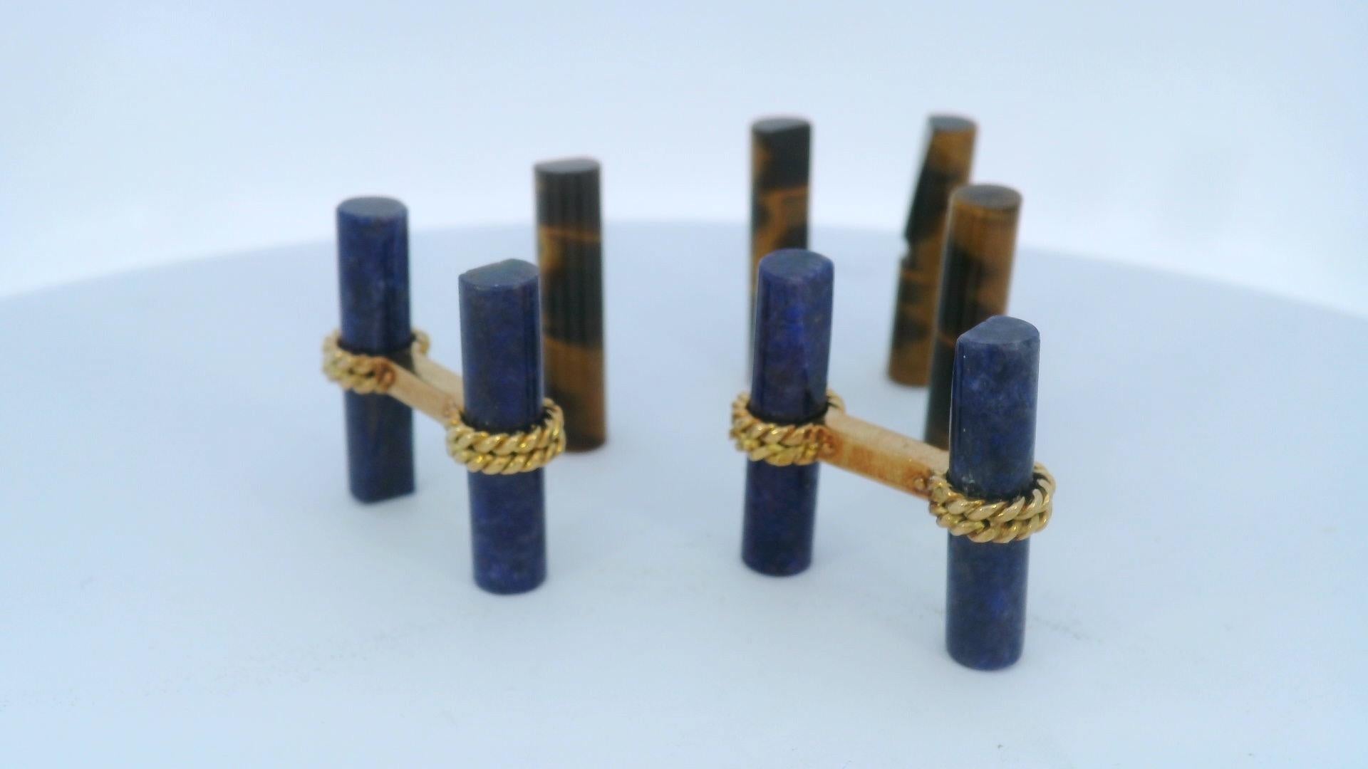Van Cleef & Arpels Cufflinks 18k Yellow Gold Lapis & Tiger's eye W/Box-Pre-owned