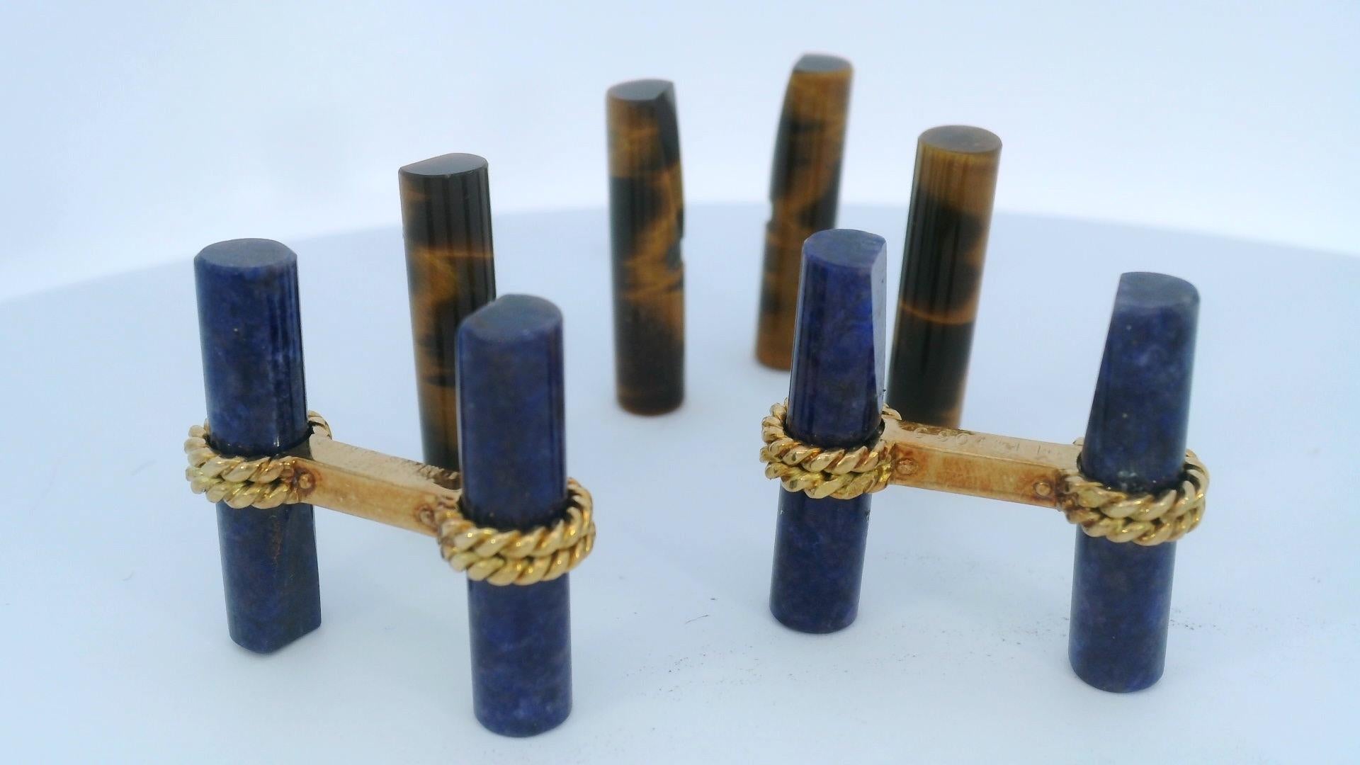 Van Cleef & Arpels Cufflinks 18k Yellow Gold Lapis & Tiger's eye W/Box-Pre-owned