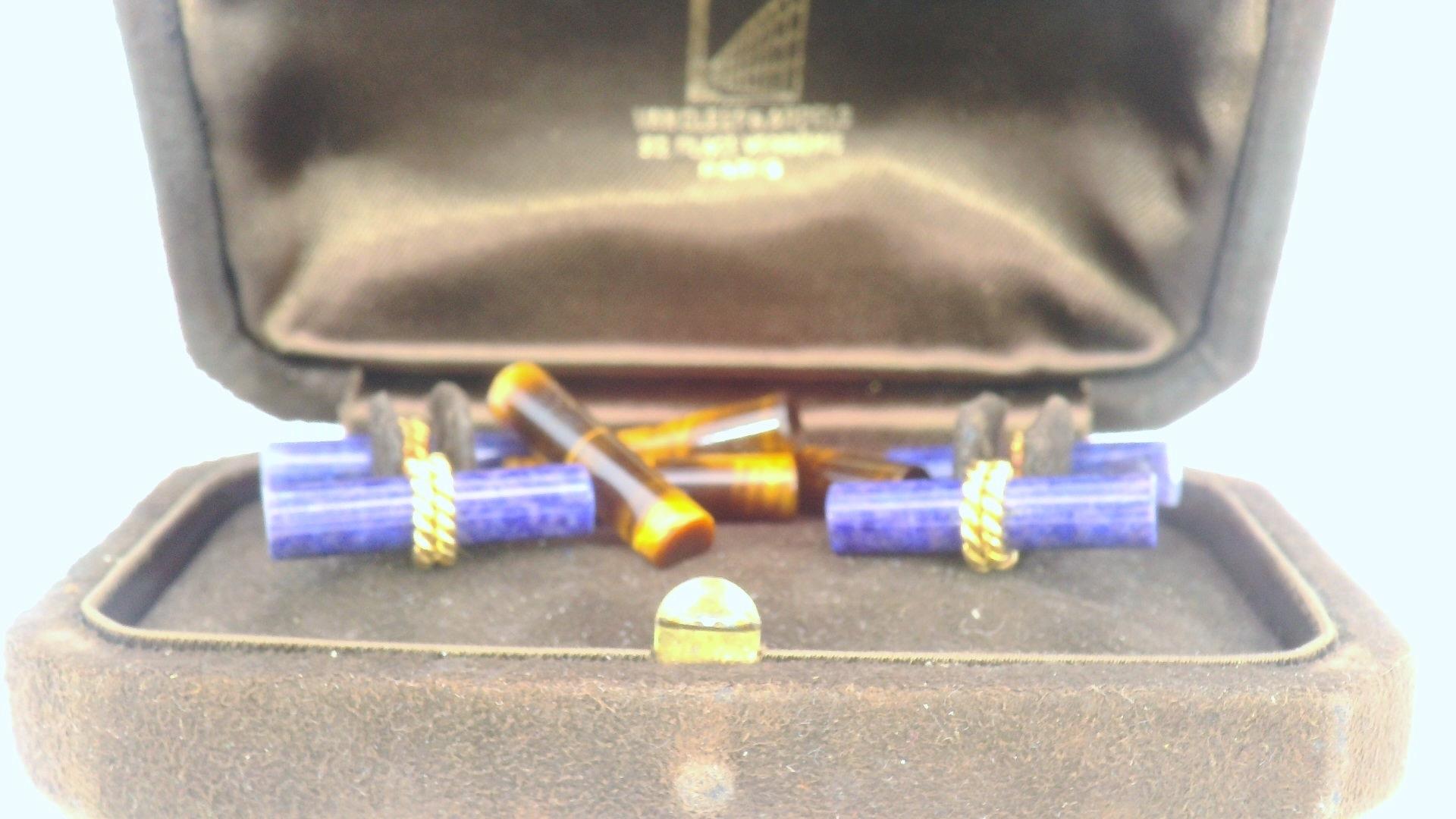 Van Cleef & Arpels Cufflinks 18k Yellow Gold Lapis & Tiger's eye W/Box-Pre-owned