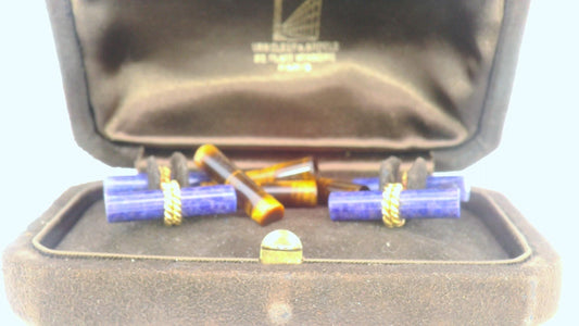Van Cleef & Arpels Cufflinks 18k Yellow Gold Lapis & Tiger's eye W/Box-Pre-owned