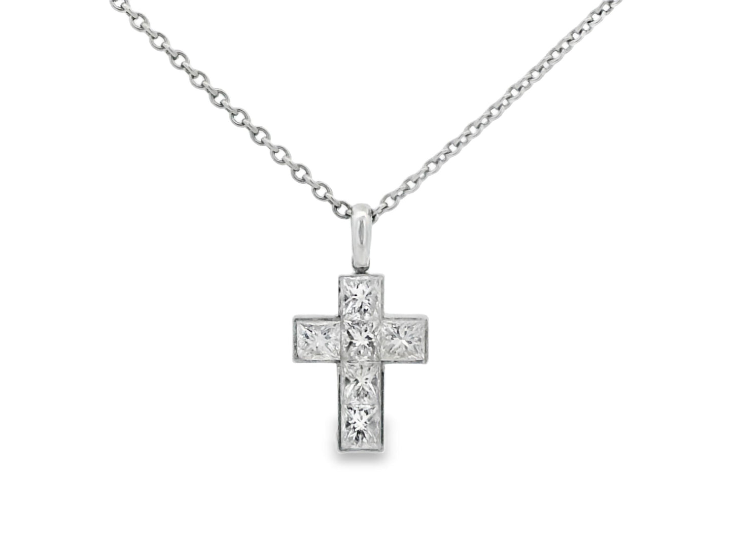 Cartier Platinum Diamond Cross Pendant on a Platinum Necklace W/Papers