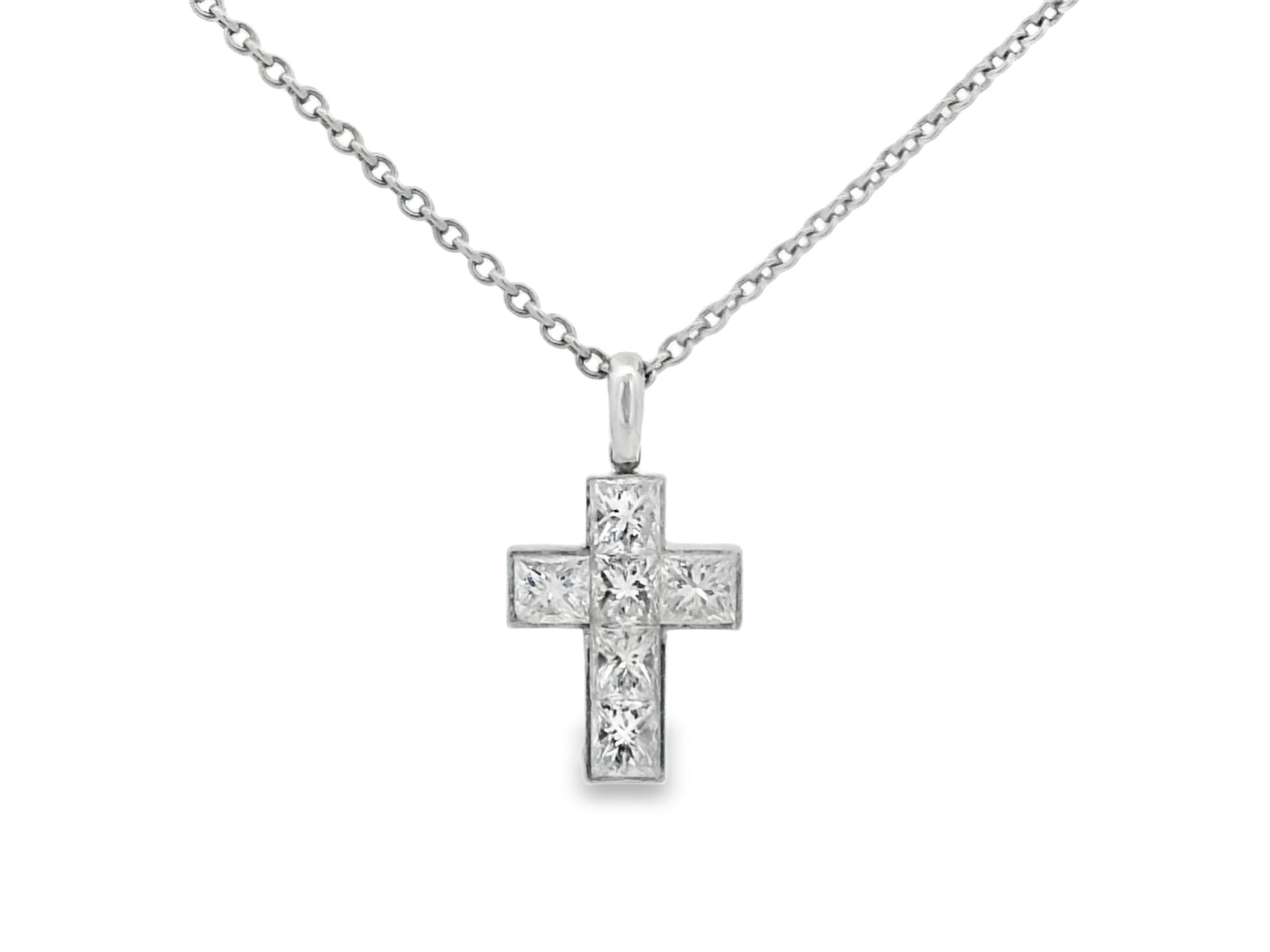 Cartier Platinum Diamond Cross Pendant on a Platinum Necklace W/Papers