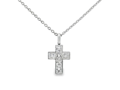 Cartier Platinum Diamond Cross Pendant on a Platinum Necklace W/Papers