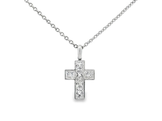 Cartier Platinum Diamond Cross Pendant on a Platinum Necklace W/Papers