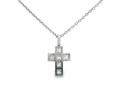 Cartier Platinum Diamond Cross Pendant on a Platinum Necklace W/Papers