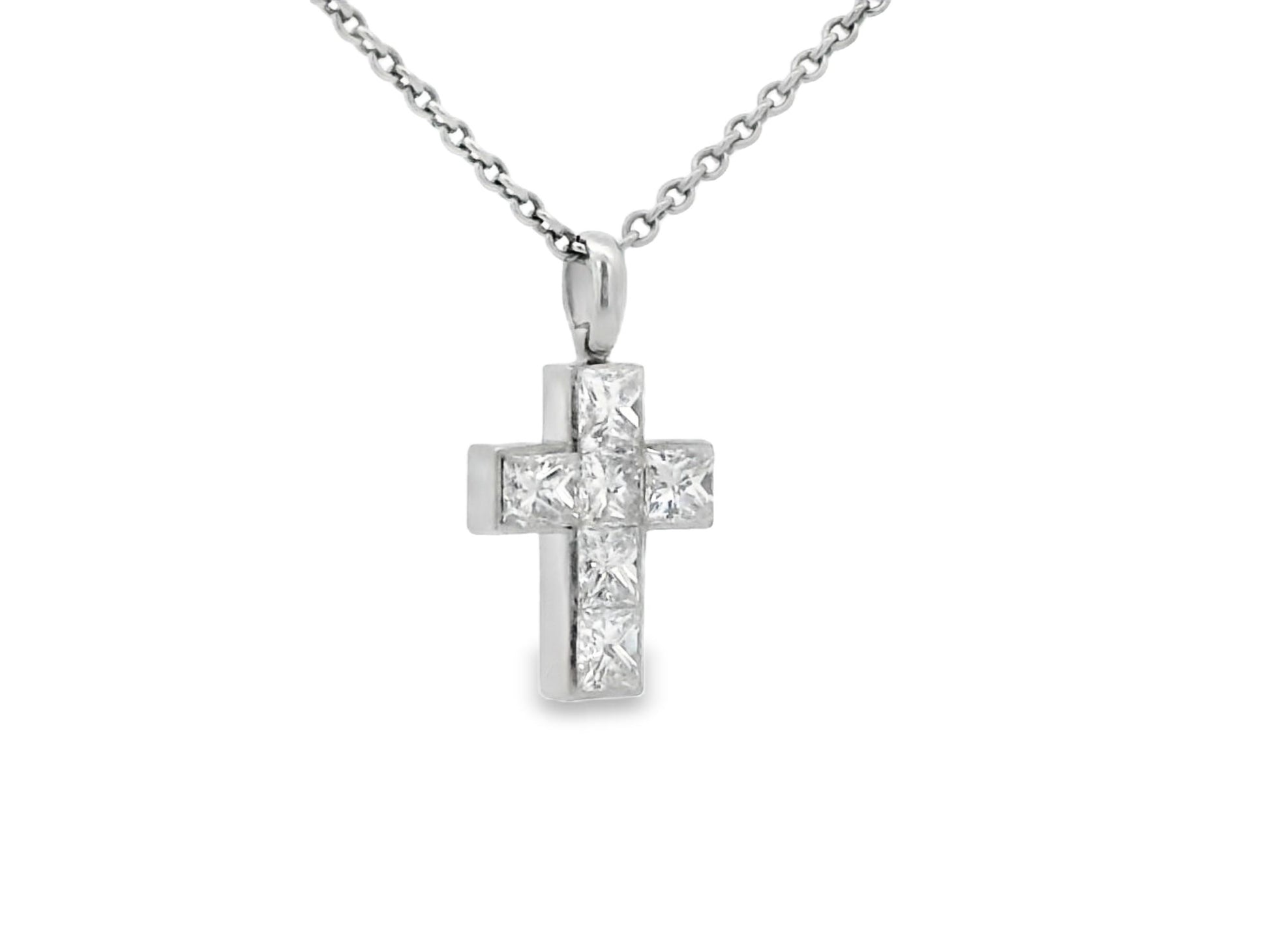 Cartier Platinum Diamond Cross Pendant on a Platinum Necklace W/Papers
