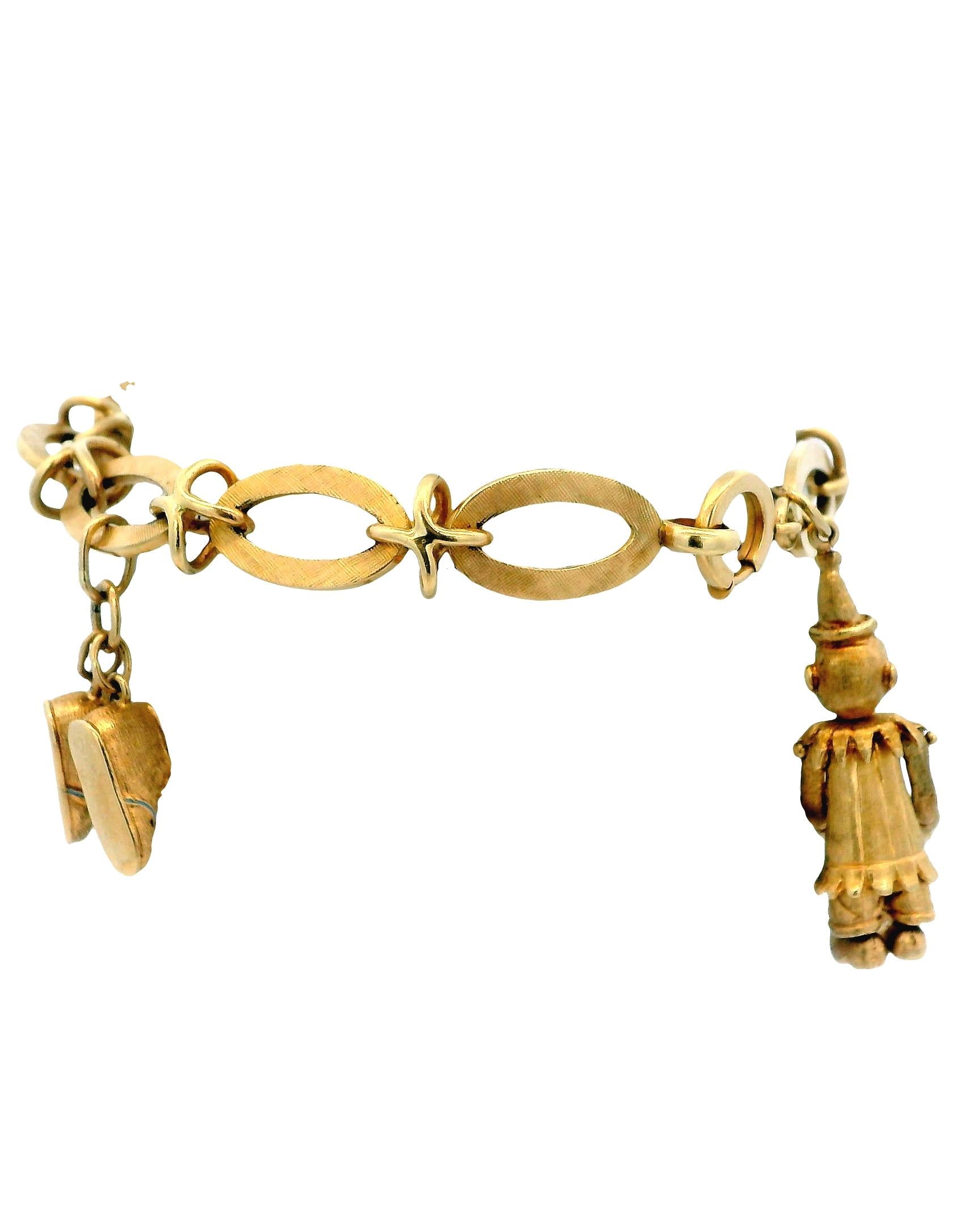 Articulated Clown, Shoes & Disc 14K Charm Bracelet