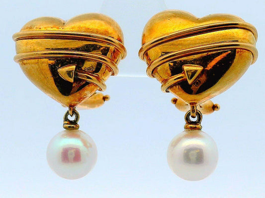 Vintage Tiffany & Co. Heart Cupid Arrow 18K Yellow Gold Earrings W/Pearl