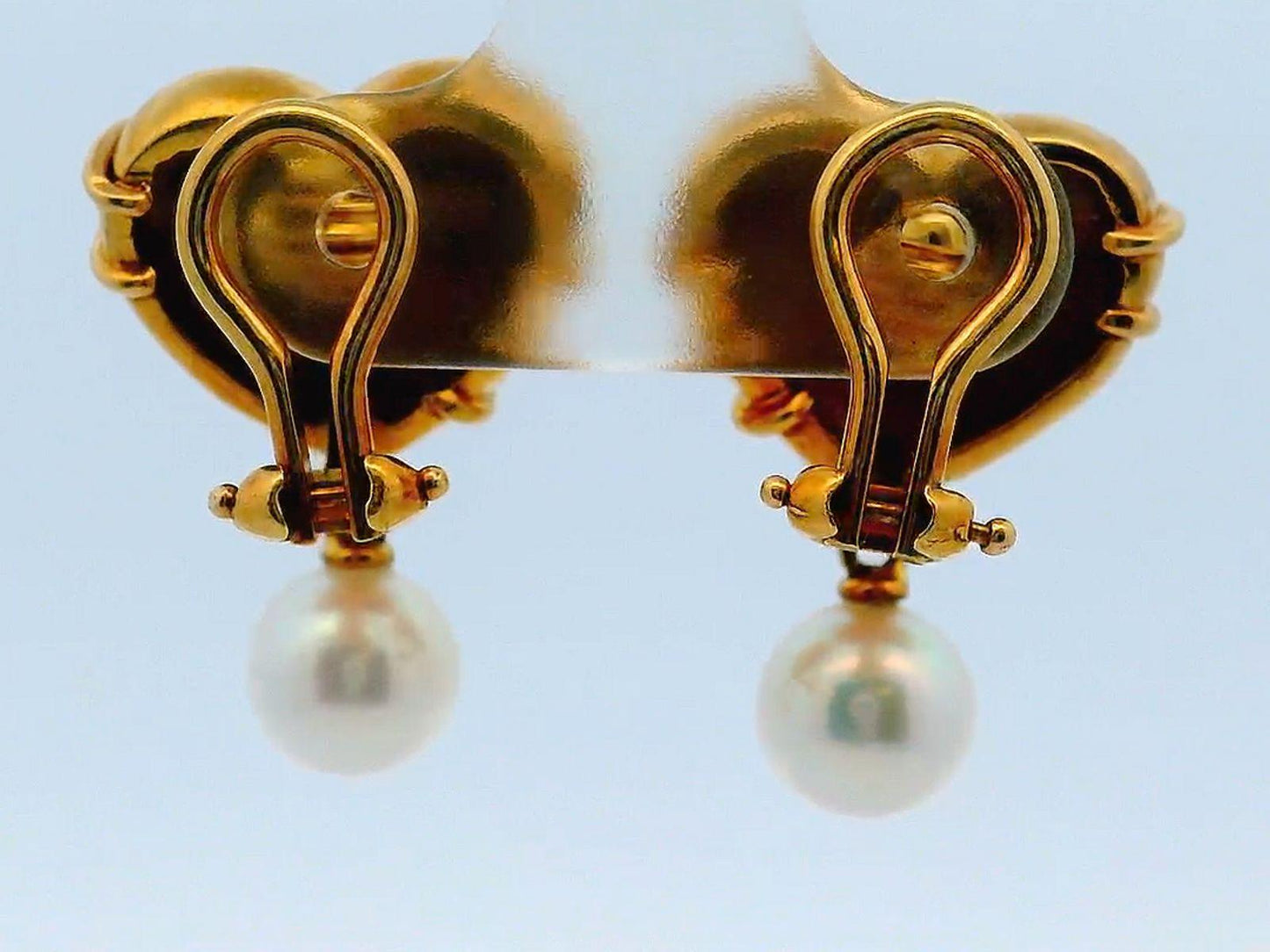 Vintage Tiffany & Co. Heart Cupid Arrow 18K Yellow Gold Earrings W/Pearl