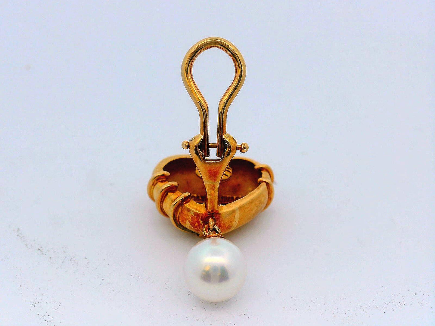 Vintage Tiffany & Co. Heart Cupid Arrow 18K Yellow Gold Earrings W/Pearl