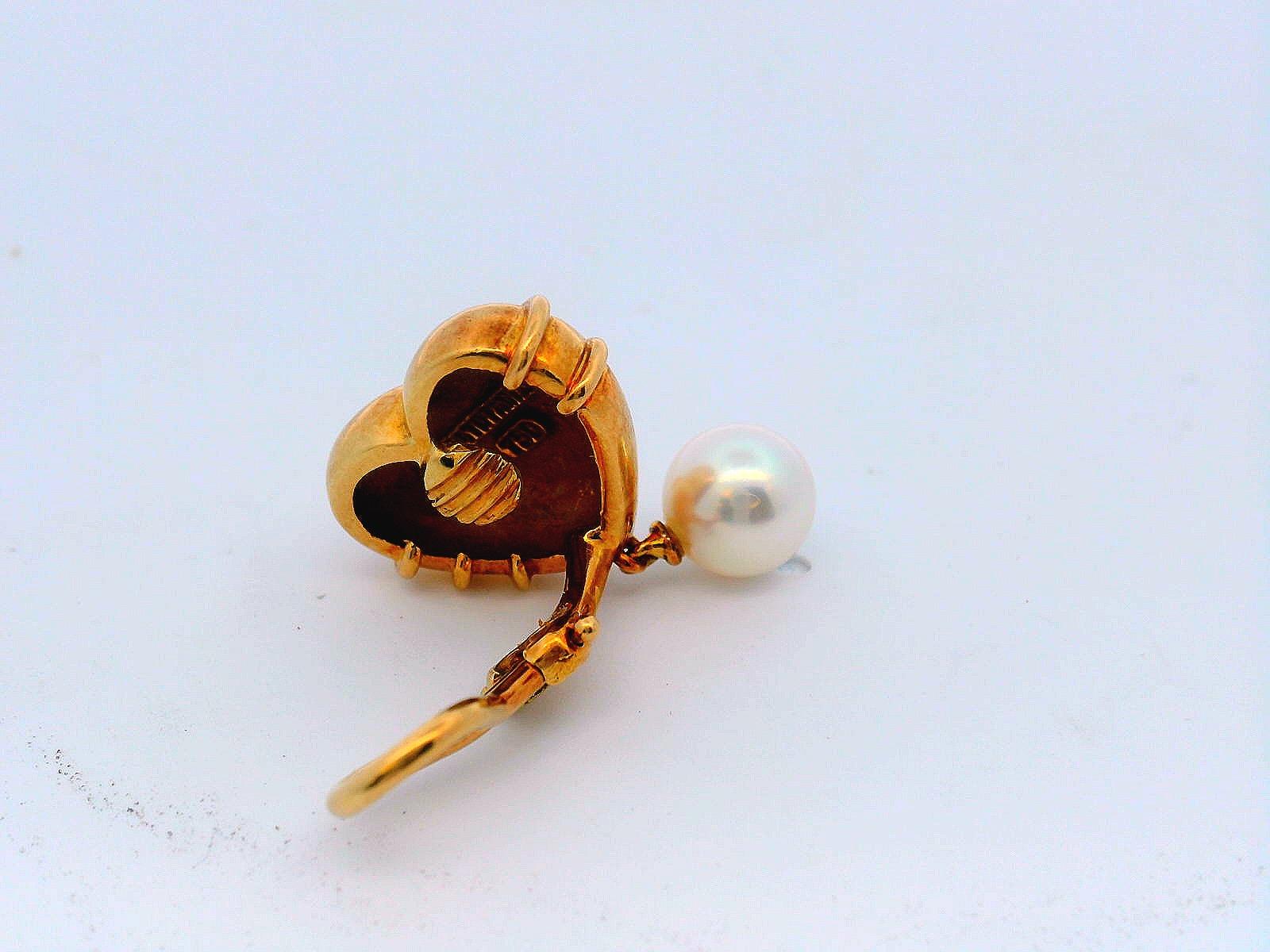 Vintage Tiffany & Co. Heart Cupid Arrow 18K Yellow Gold Earrings W/Pearl