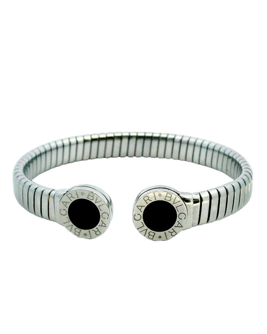 Bvlgari cuff Onyx inlay ends Stainless Steel W/ Box