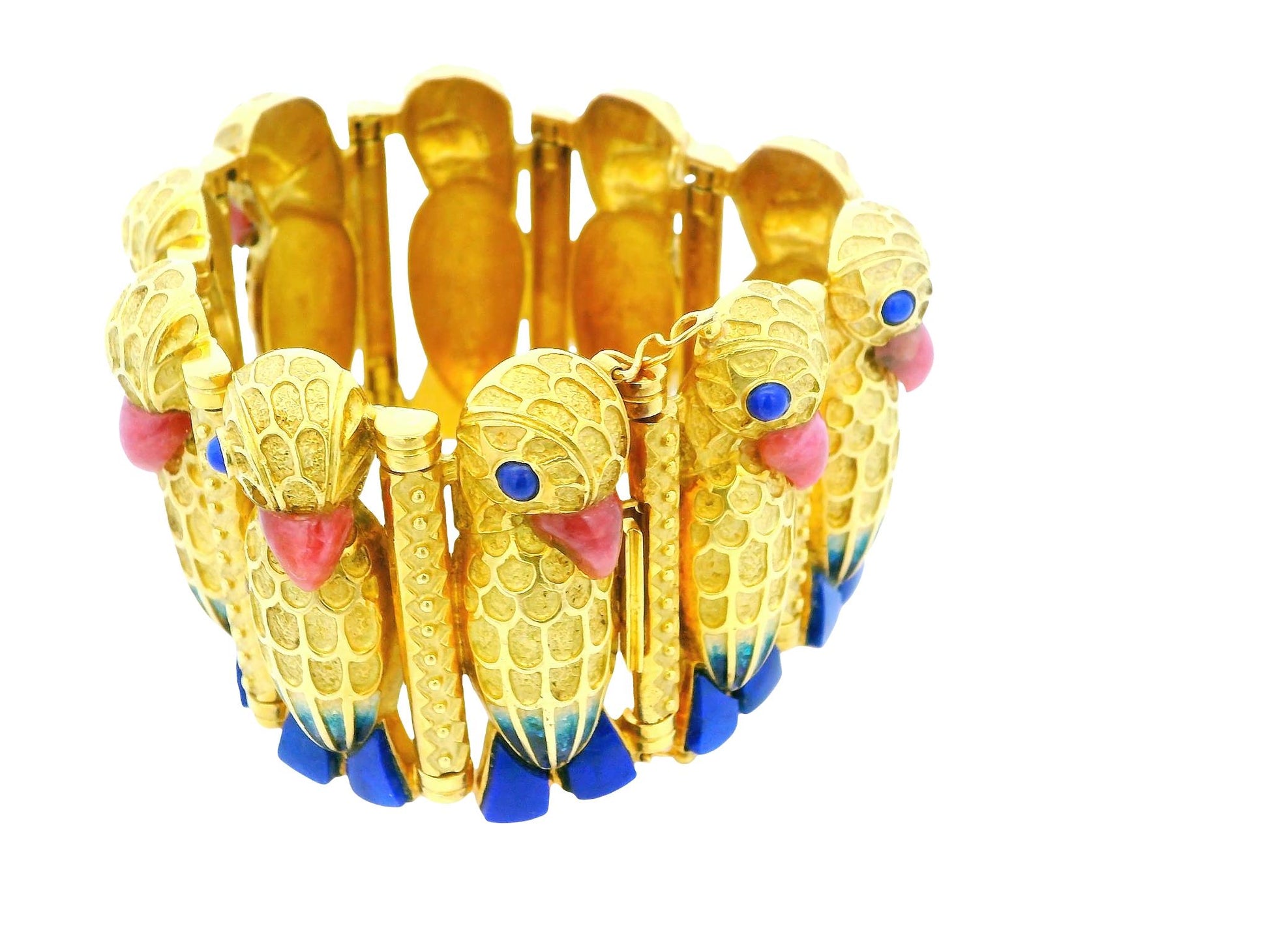18k Parrot Rhodonit  Beaks & Lapis Feet /Eyes Blue Enamel Bracelet