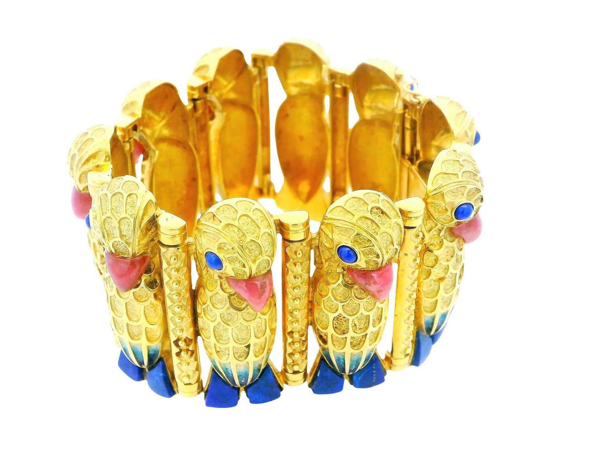 18k Parrot Rhodonit  Beaks & Lapis Feet /Eyes Blue Enamel Bracelet