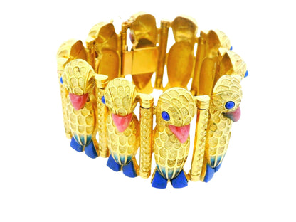 18k Parrot Rhodonit  Beaks & Lapis Feet /Eyes Blue Enamel Bracelet