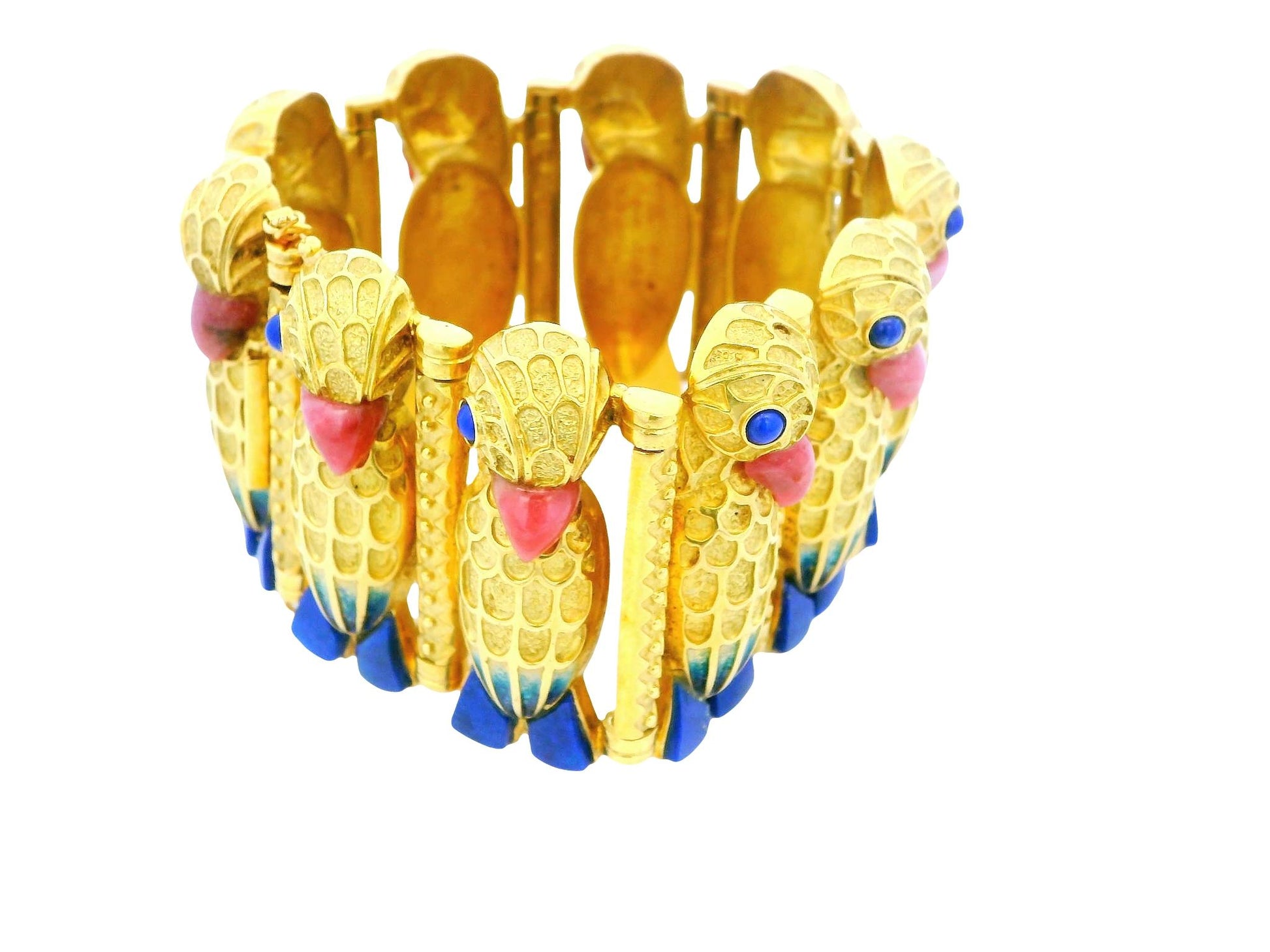 18k Parrot Rhodonit  Beaks & Lapis Feet /Eyes Blue Enamel Bracelet