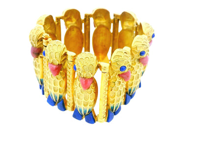 18k Parrot Rhodonit  Beaks & Lapis Feet /Eyes Blue Enamel Bracelet