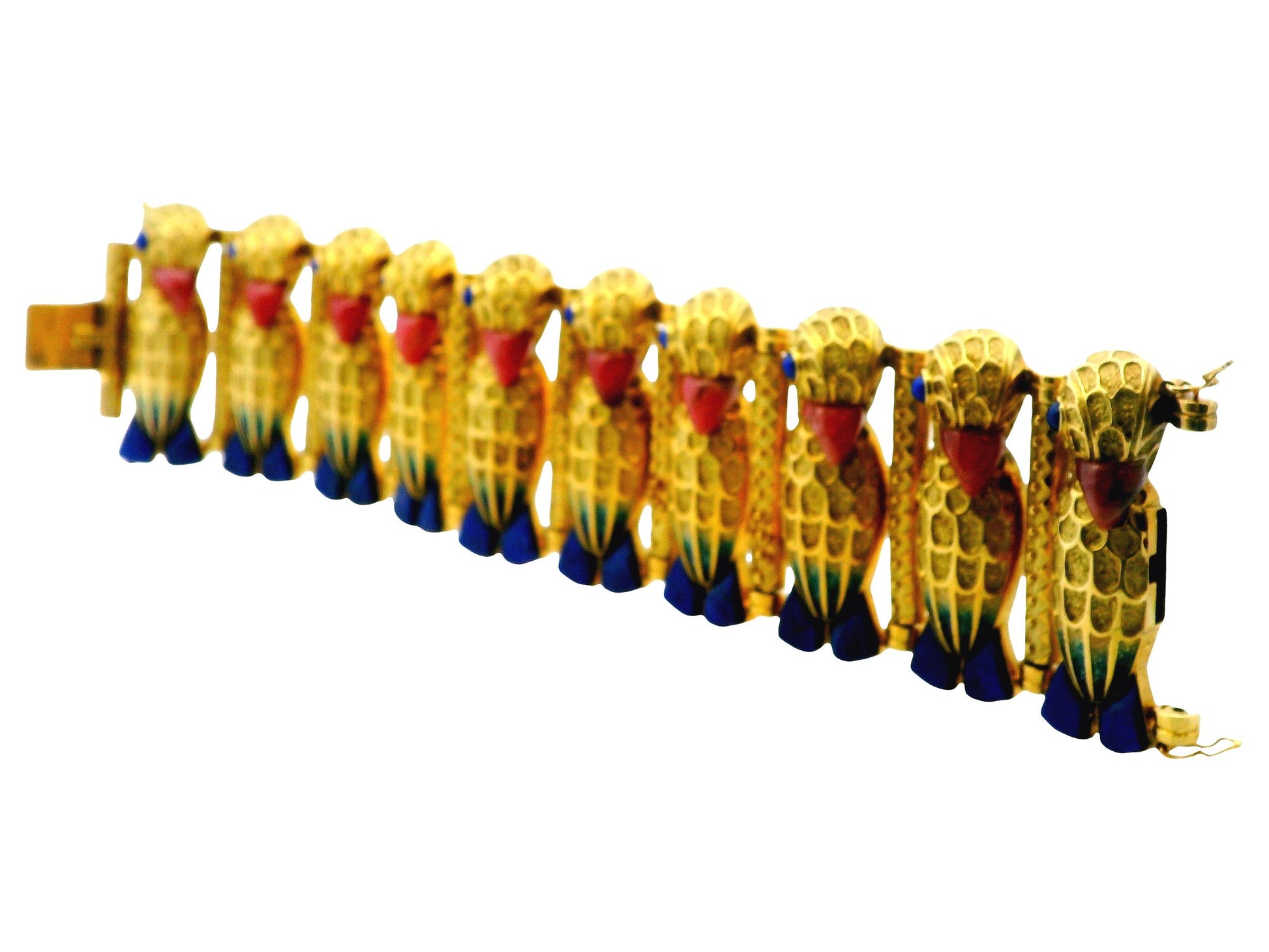 18k Parrot Rhodonit  Beaks & Lapis Feet /Eyes Blue Enamel Bracelet