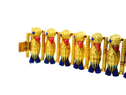 18k Parrot Rhodonit  Beaks & Lapis Feet /Eyes Blue Enamel Bracelet
