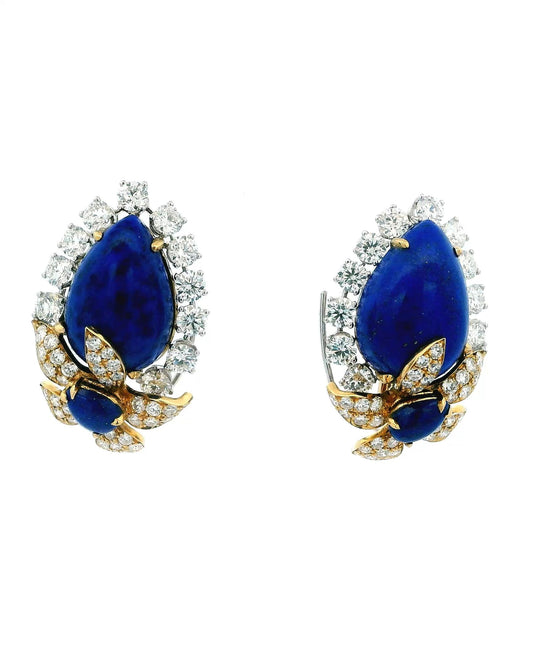 David Webb 18K Gold & Lapis-Lazuli With Diamond Clip-On Earrings.