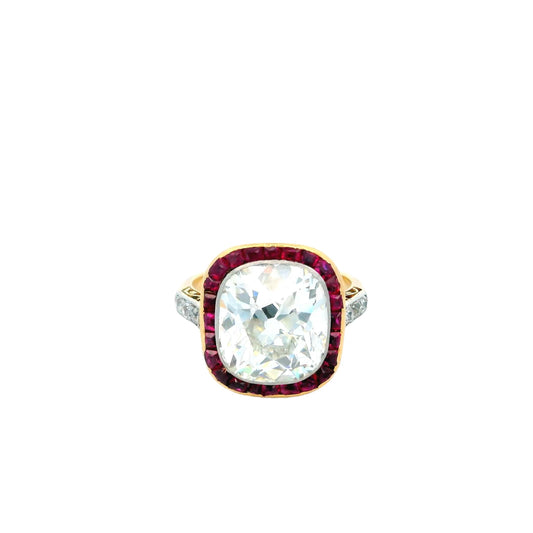 Antique Solitaire Cushion & Rubies Ring GIA Certified