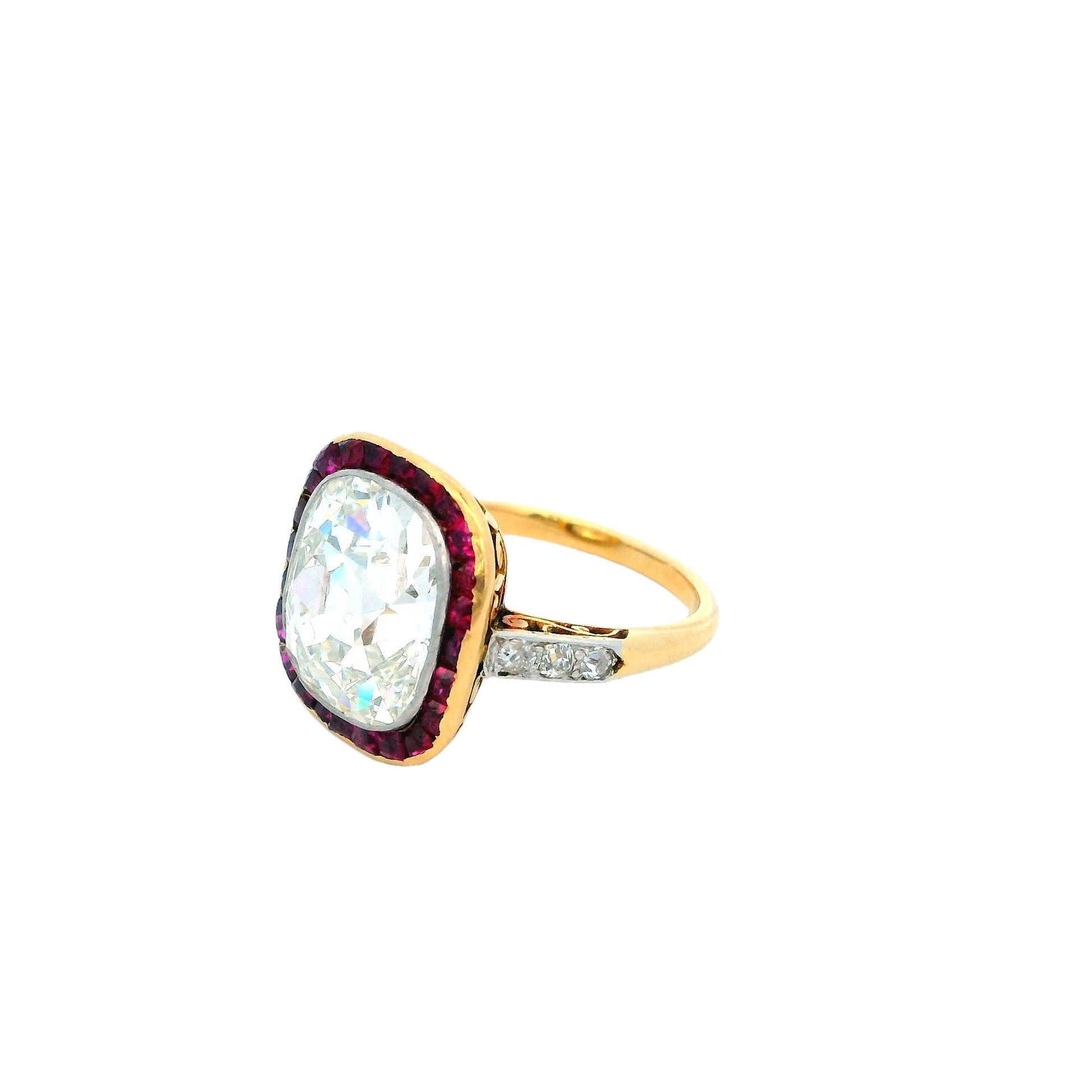 Antique Solitaire Cushion & Rubies Ring GIA Certified