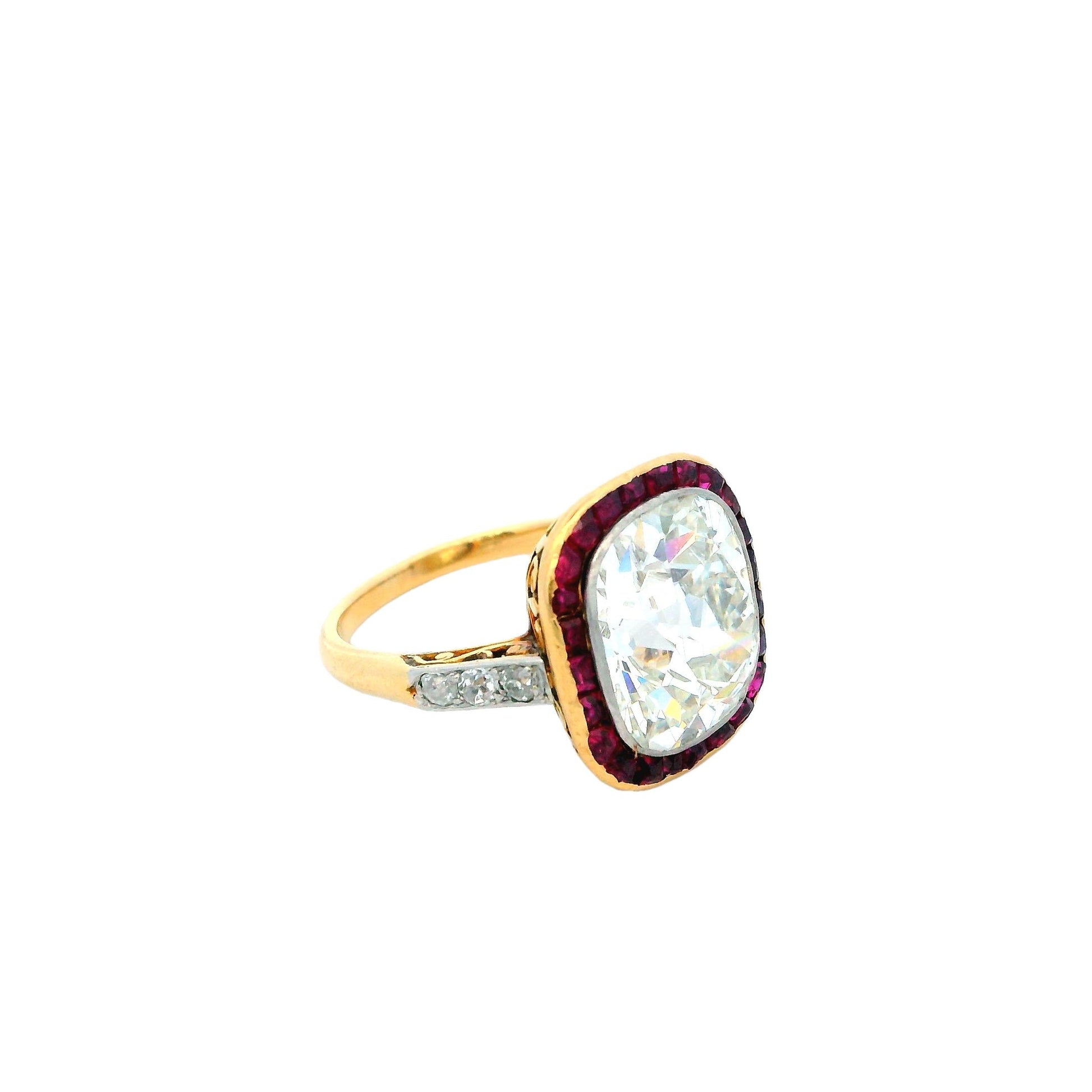 Antique Solitaire Cushion & Rubies Ring GIA Certified