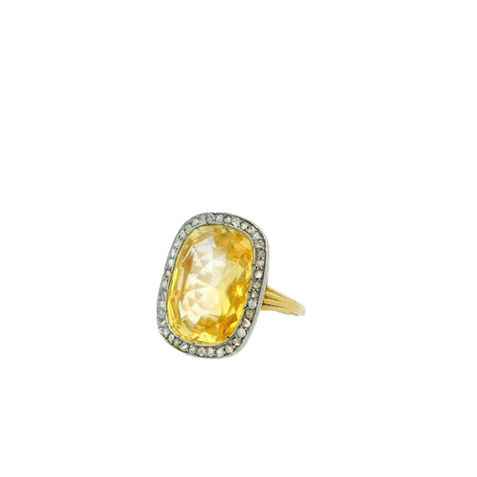 Large Yellow Sapphire With Diamond 18K Rose Gold & Platinum Ring