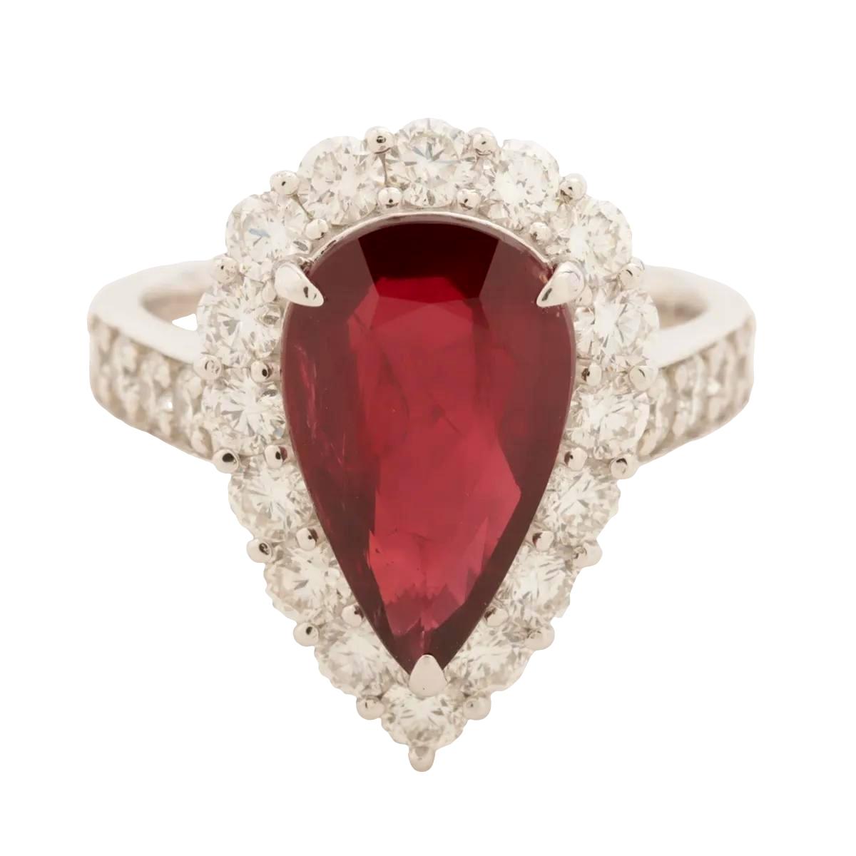 Platinum Pear-Shaped Ruby and Diamond Ring W/Certificate
