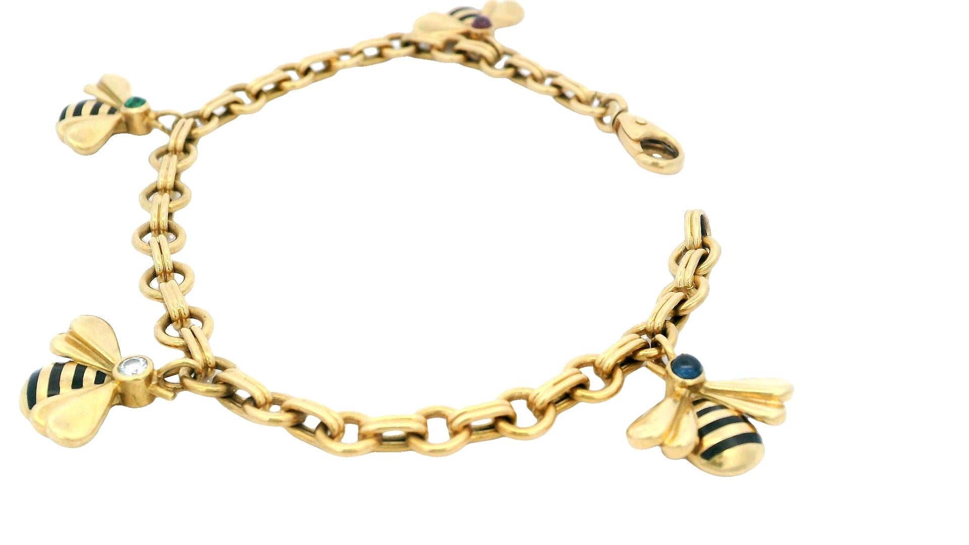 Cartier Vintage Multistone Bee Charm 18K Yellow Gold Bracelet