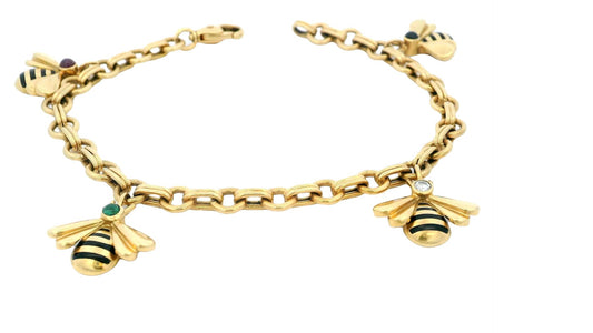 Cartier Vintage Multistone Bee Charm 18K Yellow Gold Bracelet