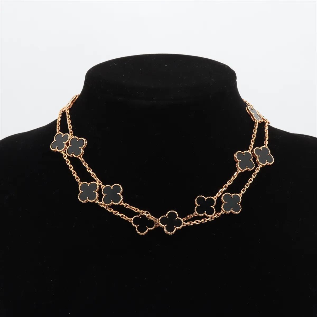 Van Cleef & Arpels 18K Yellow Gold Vintage Alhambra 20P Onyx Necklace