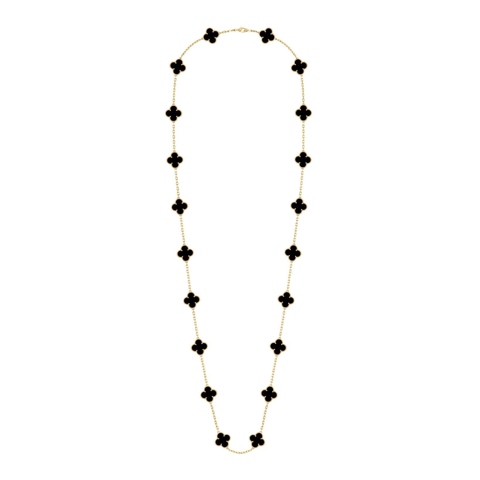 Van Cleef & Arpels 18K Yellow Gold Vintage Alhambra 20P Onyx Necklace