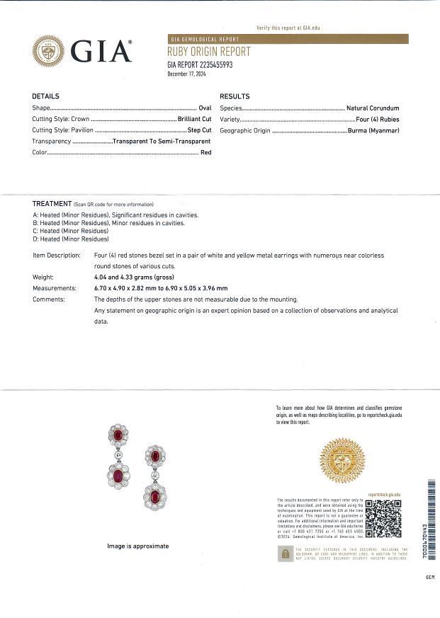Ruby & Diamond Drop Earrings 1c Each Ruby & 4.56tw Diamonds GIA