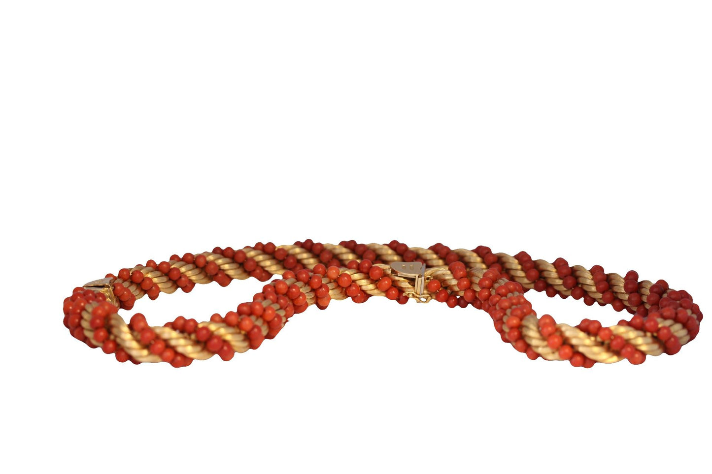 Exquisite Coral and Gold Torsade Necklace & Bracelet Set in 18K Yellow Gold