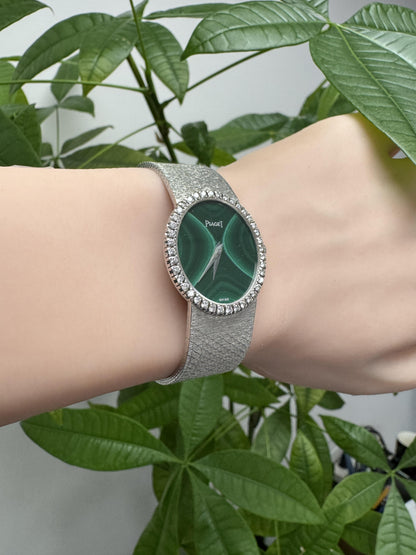 Piaget 18K White Gold Malachite Dial Diamond Bezel Ladies Watch