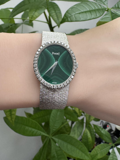 Piaget 18K White Gold Malachite Dial Diamond Bezel Ladies Watch