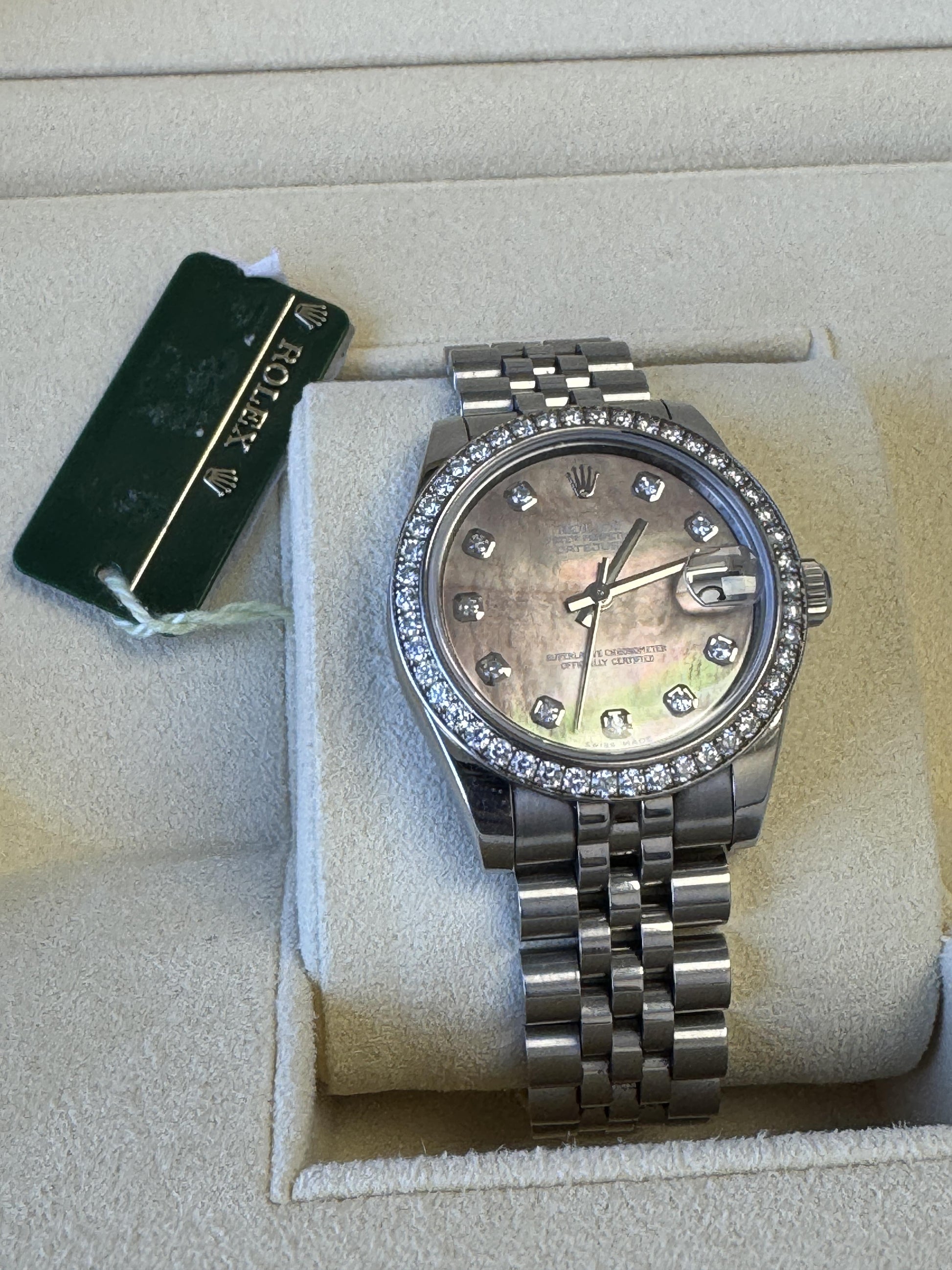 Rolex DateJust 178384 medium Tahitian MOP Diamond Dial Box & Papers