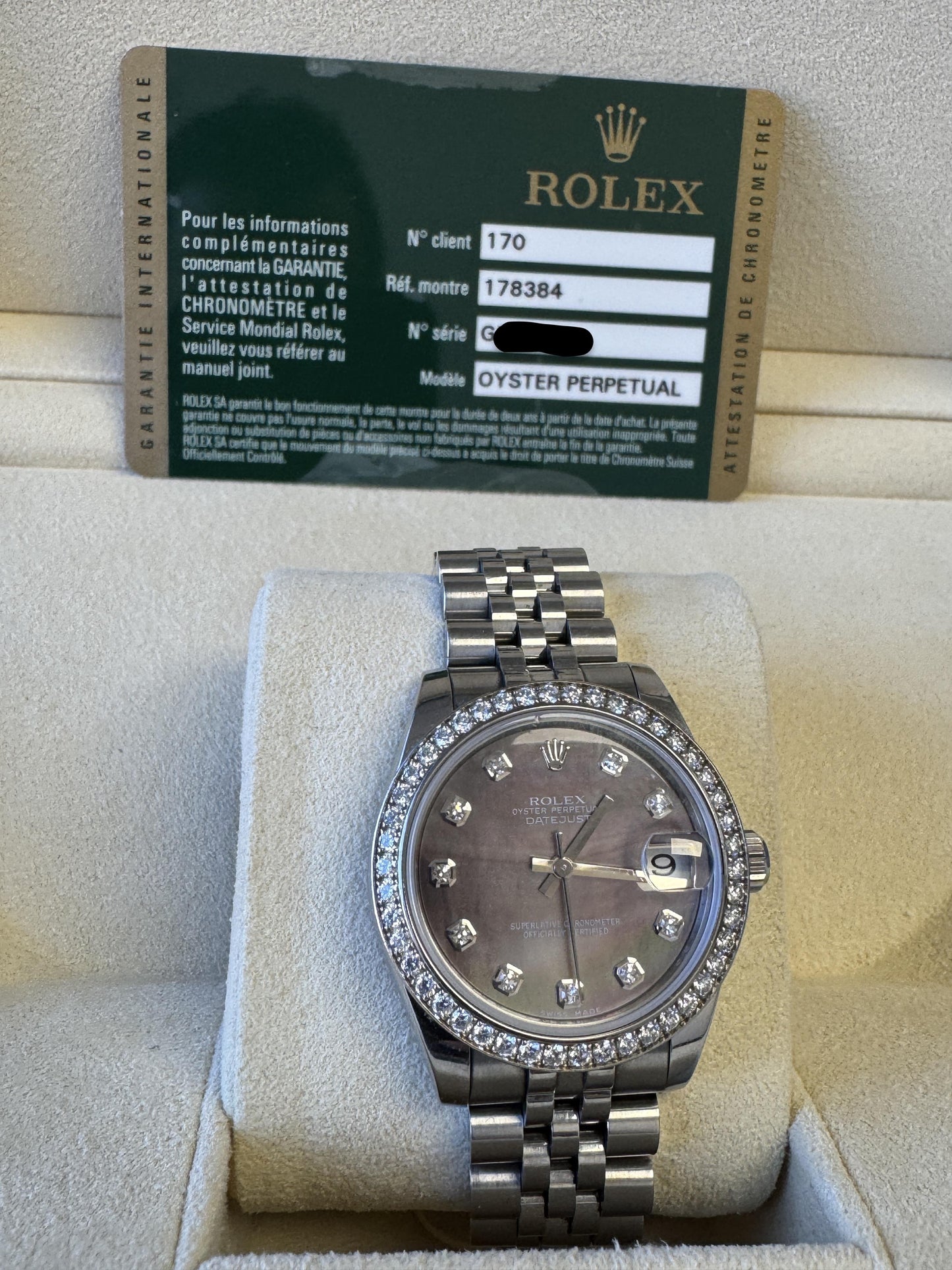 Rolex DateJust 178384 medium Tahitian MOP Diamond Dial Box & Papers