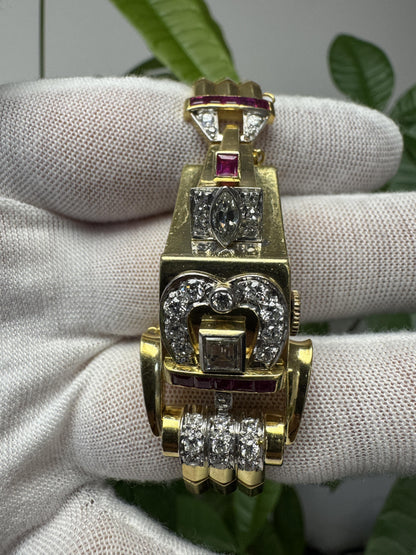 Hamilton 14k Yellow Gold Retro Diamonds & Rubies Ladies Watch