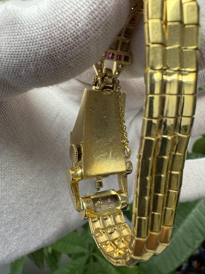 Hamilton 14k Yellow Gold Retro Diamonds & Rubies Ladies Watch