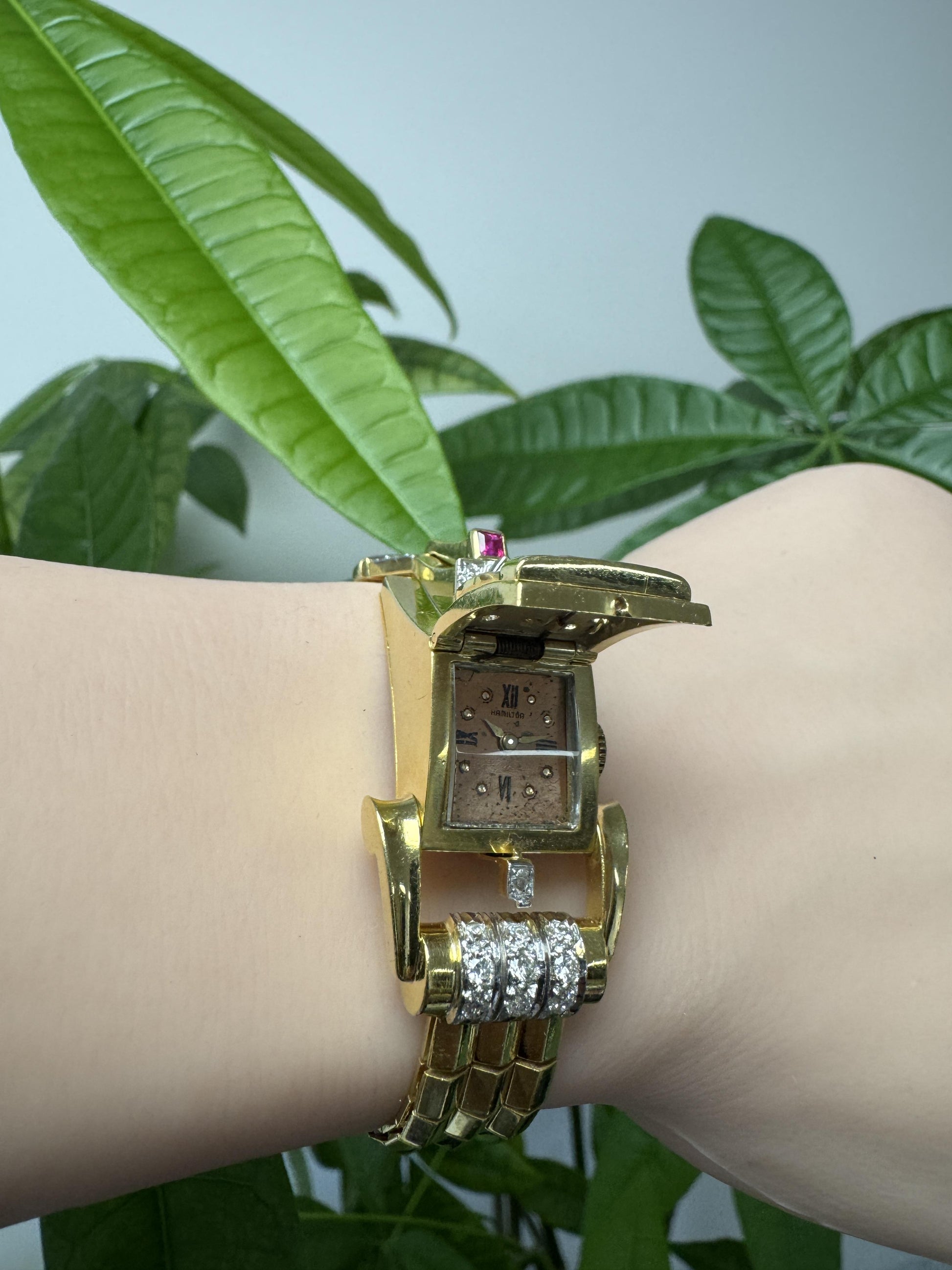 Hamilton 14k Yellow Gold Retro Diamonds & Rubies Ladies Watch