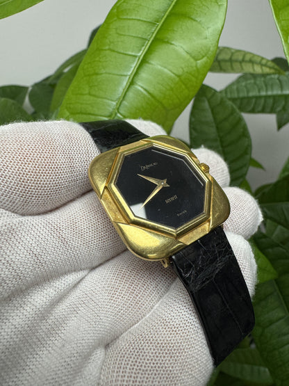 DeLaneau 18K Yellow Gold Onyx Dial Vintage Manual Watch