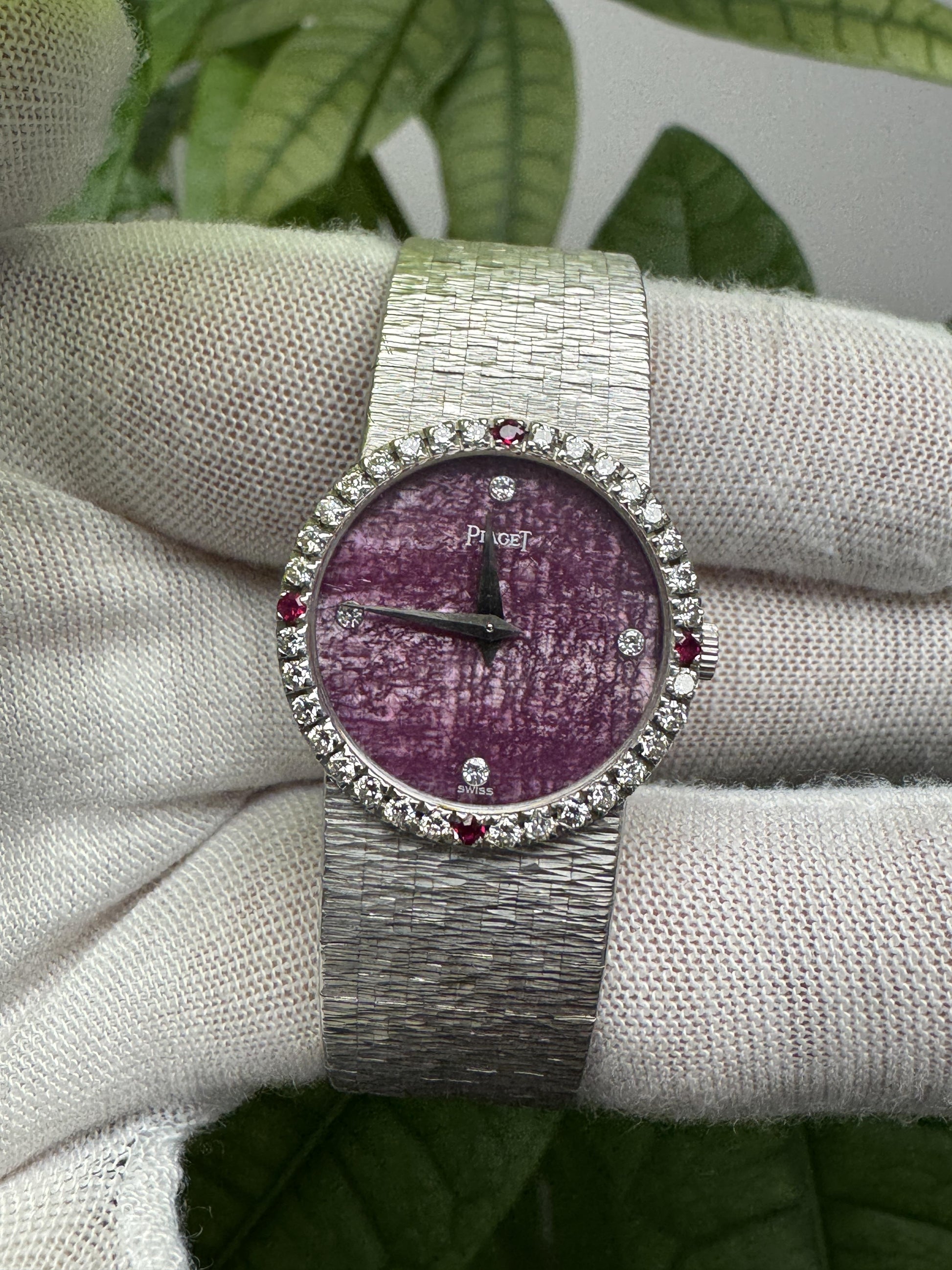 Piaget 18K White Gold Rhodonite Dial Diamond/Ruby Mesh Bracelet Ladies Watch