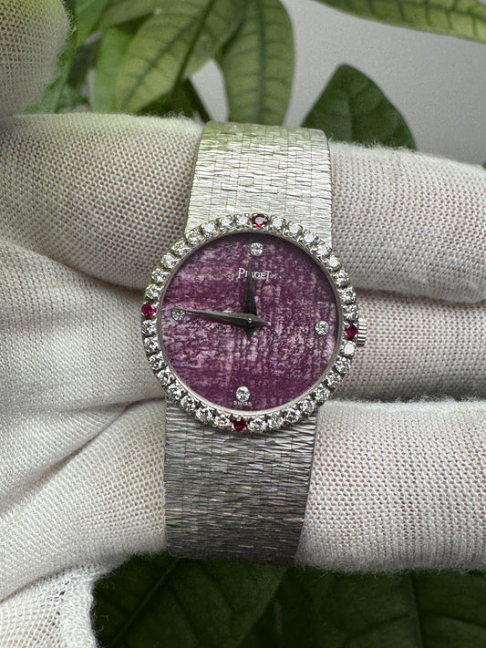 Piaget 18K White Gold Rhodonite Dial Diamond/Ruby Mesh Bracelet Ladies Watch